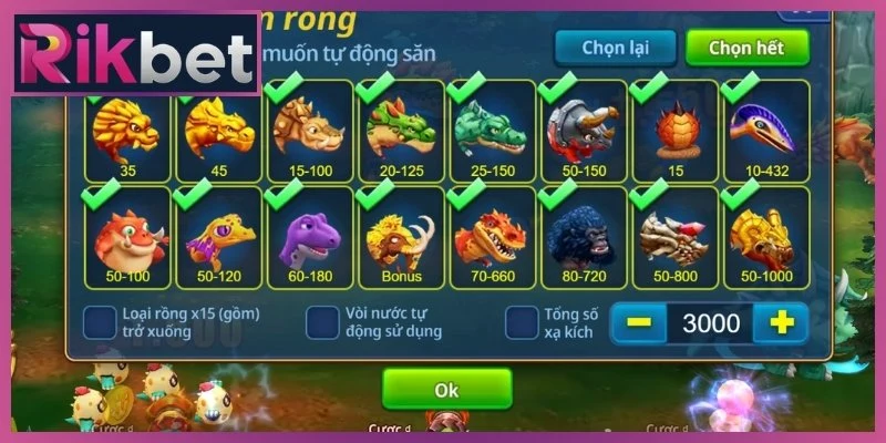 Hệ số thưởng theo từng nhóm khủng long trên bàn săn